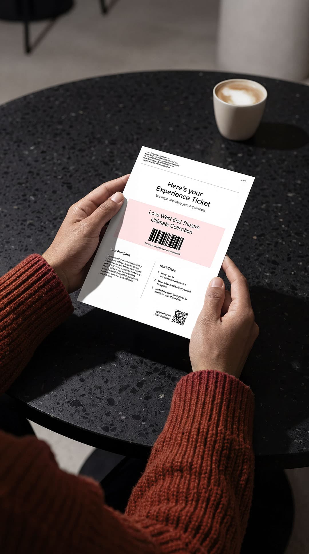 A plain printed experience voucher for a West End theatre show, held in a lifestyle setting.